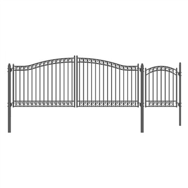 Steel Dual Swing Driveway Gate - DUBLIN Style - 16 ft with Pedestrian Gate - 5 ft
