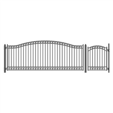 Steel Single Swing Driveway Gate - DUBLIN Style - 16 ft with Pedestrian Gate - 5 ft
