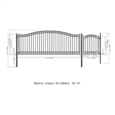 Steel Single Swing Driveway Gate - DUBLIN Style - 16 ft with Pedestrian Gate - 5 ft