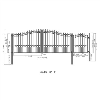 Steel Dual Swing Driveway Gate - LONDON Style - 16 ft with Pedestrian Gate - 5 ft