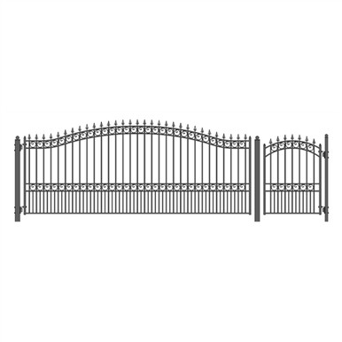 Steel Single Swing Driveway Gate - LONDON Style - 16 ft with Pedestrian Gate - 5 ft