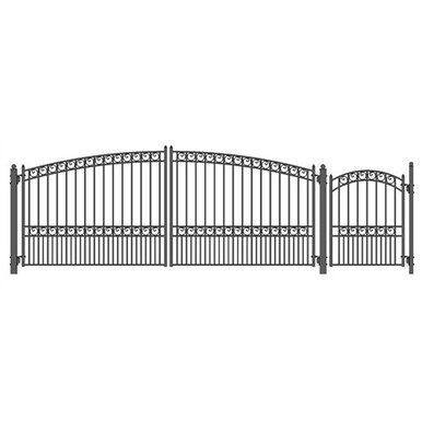Steel Dual Swing Driveway Gate - PARIS Style - 16 ft with Pedestrian Gate - 5 ft