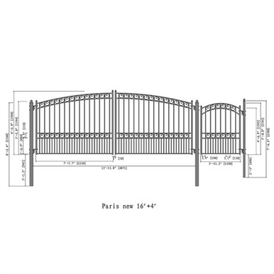 Steel Dual Swing Driveway Gate - PARIS Style - 16 ft with Pedestrian Gate - 5 ft