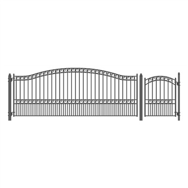 Steel Single Swing Driveway Gate - PARIS Style - 16 ft with Pedestrian Gate - 5 ft