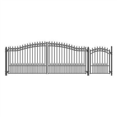 Steel Dual Swing Driveway Gate - PRAGUE Style - 16 ft with Pedestrian Gate - 5 ft