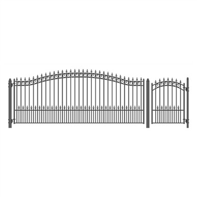Steel Single Swing Driveway Gate - PRAGUE Style - 16 ft with Pedestrian Gate - 5 ft