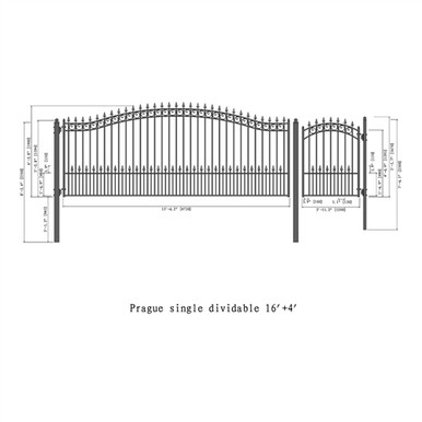 Steel Single Swing Driveway Gate - PRAGUE Style - 16 ft with Pedestrian Gate - 5 ft