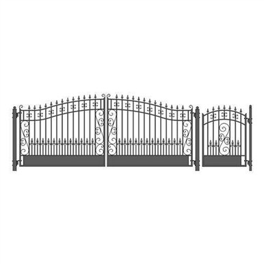 Steel Dual Swing Driveway Gate - VENICE Style - 16 ft with Pedestrian Gate - 5 ft