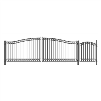 Steel Dual Swing Driveway Gate - DUBLIN Style - 18 ft with Pedestrian Gate - 5 ft
