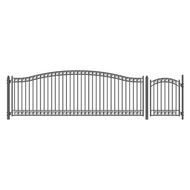 Steel Single Swing Driveway Gate - DUBLIN Style - 18 ft with Pedestrian Gate - 5 ft