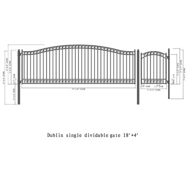 Steel Single Swing Driveway Gate - DUBLIN Style - 18 ft with Pedestrian Gate - 5 ft