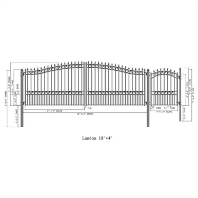 Steel Dual Swing Driveway Gate - LONDON Style - 18 ft with Pedestrian Gate - 5 ft