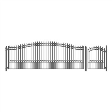 Steel Single Swing Driveway Gate - LONDON Style - 18 ft with Pedestrian Gate - 5 ft