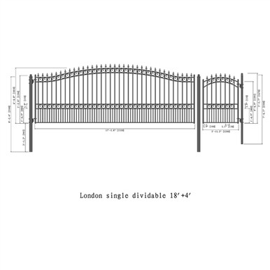 Steel Single Swing Driveway Gate - LONDON Style - 18 ft with Pedestrian Gate - 5 ft