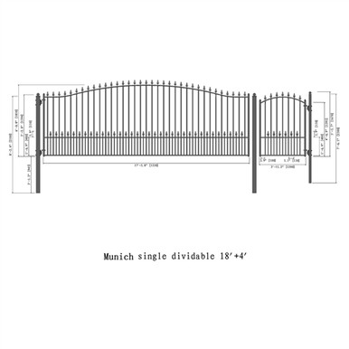 Steel Single Swing Driveway Gate - MUNICH Style - 18 ft with Pedestrian Gate - 5 ft