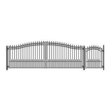 Steel Dual Swing Driveway Gate - PRAGUE Style - 18 ft with Pedestrian Gate - 5 ft