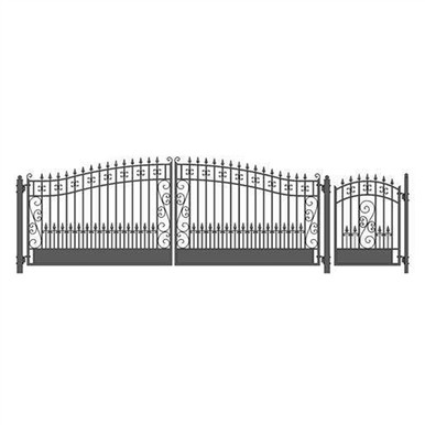 Steel Dual Swing Driveway Gate - VENICE Style - 18 ft with Pedestrian Gate - 5 ft