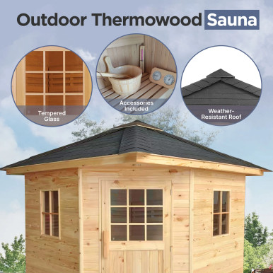 Thermowood Wet Dry Outdoor Sauna with Asphalt Roof - 6 kW UL Certified Heater - 5 Person