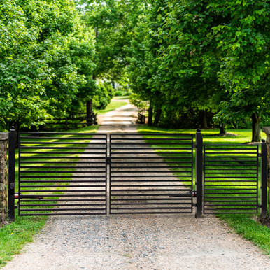 Steel Dual Swing Driveway Gate - MILAN Style - 18 ft with Pedestrian Gate - 5 ft
