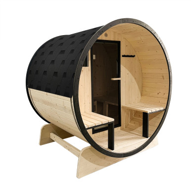 Celasia White Finland Pine Barrel Sauna with Front Porch Canopy - 2-4 Person