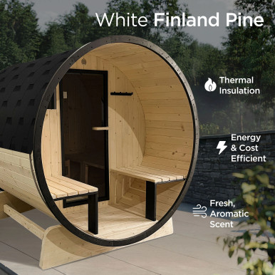 Celasia White Finland Pine Barrel Sauna with Front Porch Canopy - 2-4 Person