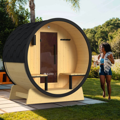 Traditional Pine Outdoor Barrel Sauna with Black Accents & Front