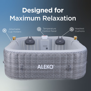 * NEW * Charcoal Inflatable Jetted Square Hot Tub with Energy Efficient Cover – Light Gray with Hemp Rope Pattern – 6 Person