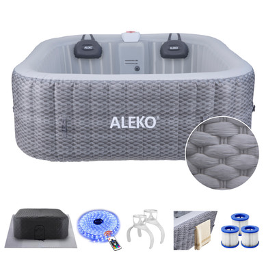 * NEW * Charcoal Inflatable Jetted Square Hot Tub with Energy Efficient Cover – Light Gray with Hemp Rope Pattern – 6 Person