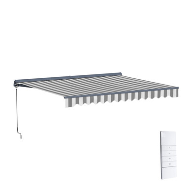 Moroccan Semi-Cassette Motorized Patio Awning - Seagull Gray & White Striped