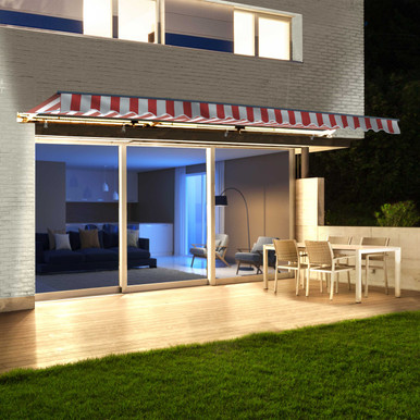 Moroccan Semi-Cassette Motorized Patio Awning - Red and White Striped