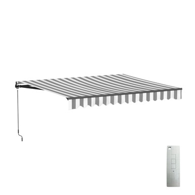 Caribbean Motorized Patio Awning - Black Frame - Seagull Gray & White Striped
