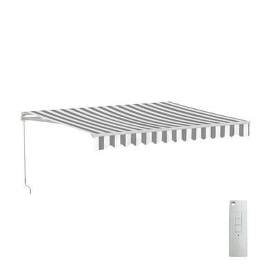 Caribbean Motorized Patio Awning - White Frame - Seagull Gray & White Striped