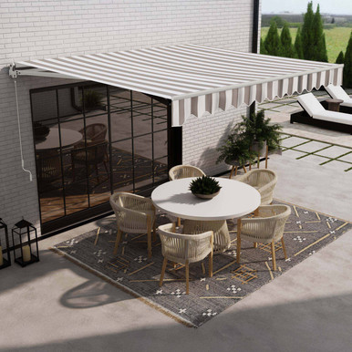 Caribbean Manual Patio Retractable Awning - White Frame - Seagull Gray & White Striped