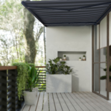 Italian Full Cassette Motorized Patio Awning with App and Remote Control – Nero/Grigio Black & Gray Striped