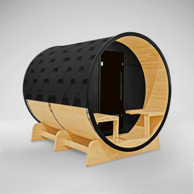 Anémona White Finland Pine Barrel Sauna with Front Porch Canopy & Black Accents – 6-8 People