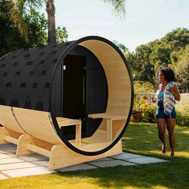 Anémona White Finland Pine Barrel Sauna with Front Porch Canopy & Black Accents – 6-8 People
