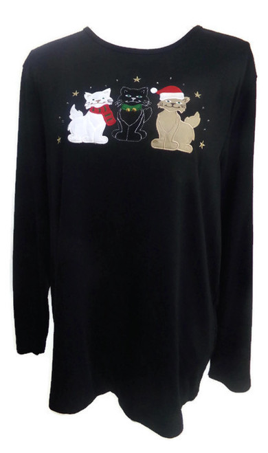 Vintage Mercer Street Studio Women's Christmas Kitty Cats Black Long Sleeved Top SIZE XL Santa Hat Christmas Season Christmas Kitties women's christmas top blouse merry christmas top blouse christmas party outfit wear women's Christmas fashion ideas women's long sleeved top women's winter top women's top to wear on Christmas morning