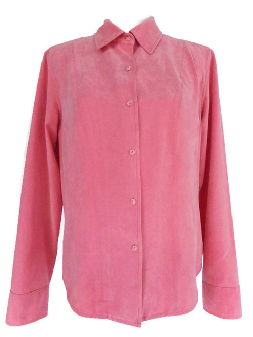 Talbots Women's Pink Faux Suede Button Front Shirt SIZE MEDIUM women's pretty pink blouse women's pink top women's pastel pink top blouse women's pink casual top blouse women's comfy comfortable top blouse women's pink long sleeved blouse top women's Valentine's Day fashion ideas women's date night fashion ideas wear to work wear on date night women's casual wear Barbiecore