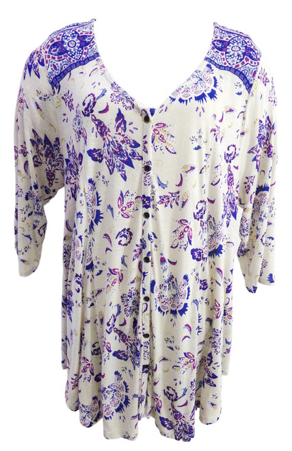 Lucky Brand Women's Cream & Blue Floral Boho Top SIZE 2X