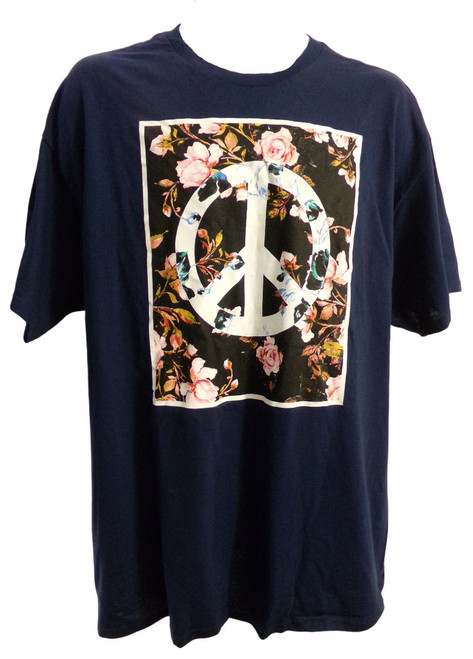 Groovy Peace Sign with Pink Roses Navy Blue Tee Shirt Size XL cool tee shirt groovy tee shirt retro tee shirt vintage style tee shirt floral tee shirt peace sign tee shirt with peace sign groovy vibes tee shirt retro vibes tee shirt cool navy blue tee shirt women's tee shirt comfy tee shirt comfortable tee shirt short sleeve tee shirt navy blue size XL juniors tee shirt