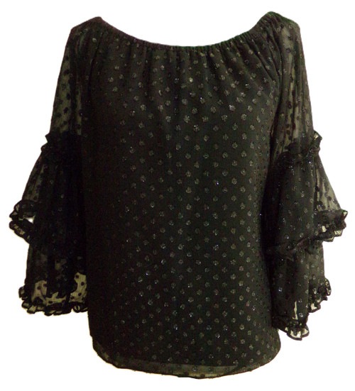 Women's Bohemian Style Black Sparkly Bell Sleeve Top SIZE MEDIUM