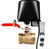 Smart Wi-Fi water valve controller installed on a compatible brass quarter-turn ball valve with red lever handle. Remote shut-off actuator for smart home water/gas leak protection and automated valve control.