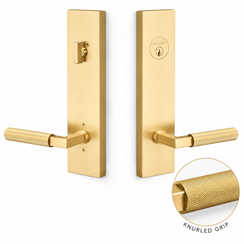 Sure-Loc Levanto Entry Lever with Knurled Grip in Satin Brass. Secure keyed access with modern styling and premium knurled detailing.
