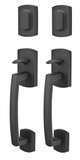 Emtek Ridgemont Grip-by-Grip Entry Handlesets in Medium Bronze showing complete double door package with one active keyed entry set and one matching dummy handleset.