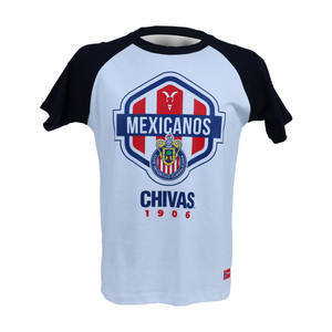 PLAYERA BLANCA MANGAS AZULES MEXICANOS CHIVAS PLAYERA BLANCA MANGAS AZULES MEXICANOS CHIVAS