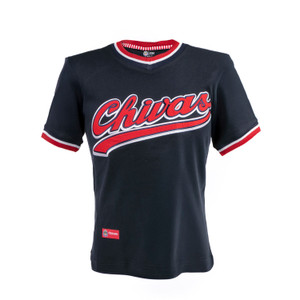 PLAYERA AZUL CON CARDIGAN Y LOGO CHIVAS BORDADO