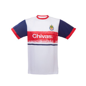 PLAYERA BLANCA BARRA PINCEL CON MANGAS AZUL PALABRA Y ESCUDO CHIVAS PLAYERA BLANCA BARRA PINCEL CON MANGAS AZUL PALABRA Y ESCUDO CHIVAS