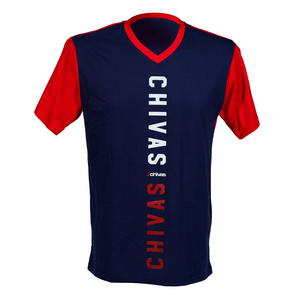 PLAYERA CUELLO V COMBINADA AZUL Y ROJO TEXTO CHIVAS PLAYERA CUELLO V COMBINADA AZUL Y ROJO TEXTO CHIVAS