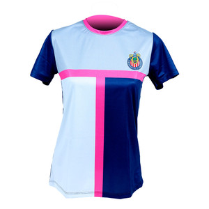 PLAYERA MUJER BLANCA MANGAS AZULES Y VIVOS ROSA ESCUDO CHIVAS PLAYERA MUJER BLANCA MANGAS AZULES Y VIVOS ROSA ESCUDO CHIVAS