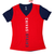 PLAYERA MUJER CUELLO V COMBINADA ROJA Y AZUL TEXTO CHIVAS